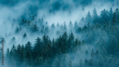   A forest teeming with tall, evergreen trees in the foreground, surrounded by fog, not smoggy clouds photo