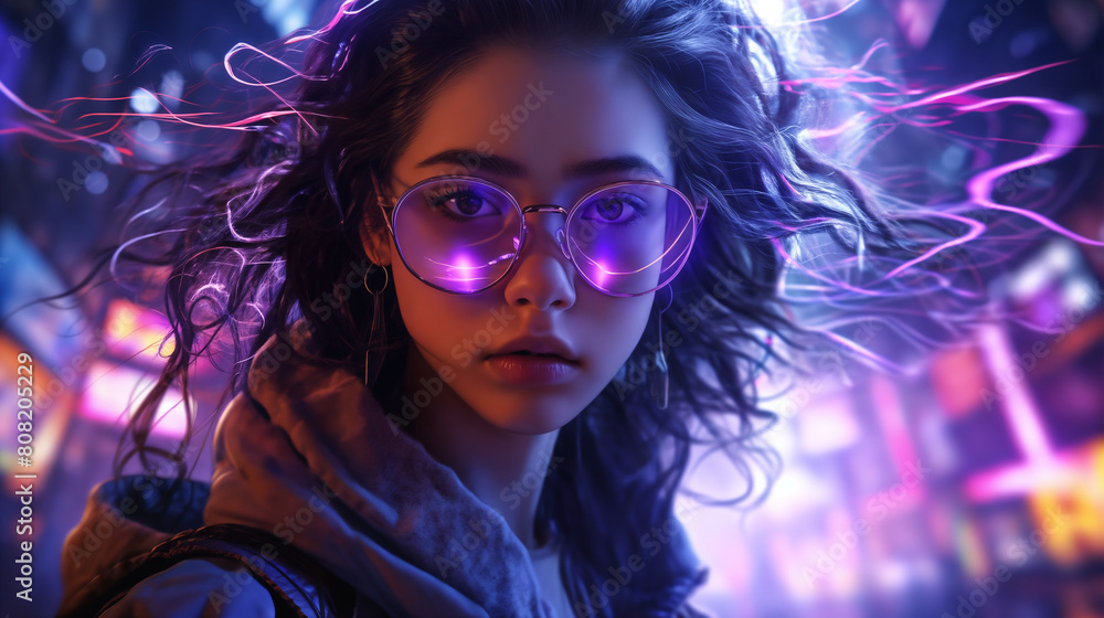 portrait of a girl against the background of the night streets of a modern city, with neon lights and glow portrait of a girl against the background of the night streets of a modern city, with neon lights and glow