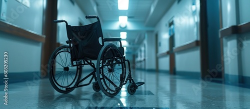 An empty wheelchair was in the hospital hallway photo