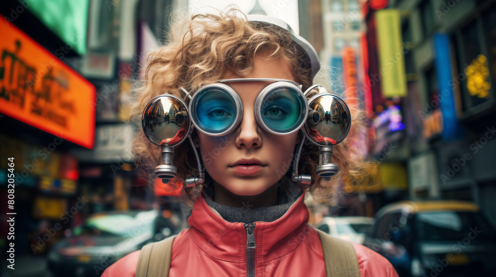 portrait of a girl in steampunk style eyeglasses against the background of the streets of a modern city portrait of a girl in steampunk style eyeglasses against the background of the streets of a modern city