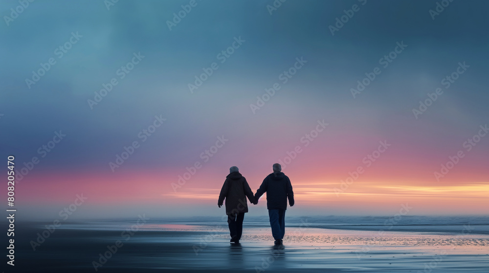 A dramatic silhouette of an elderly couple walking hand in hand along a deserted beach at sunrise, with soft pastel colors painting the sky. Dynamic and dramatic composition, with
