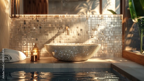Detailed 3D illustration of a chic modern bathroom with glass mosaic tiles, a vessel sink, and bespoke fixtures illuminated by designer light fixtures.