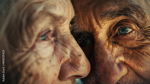 A close-up of an elderly couple's faces as they share a loving gaze, their eyes filled with warmth and affection. Dynamic and dramatic composition, with copy space photo