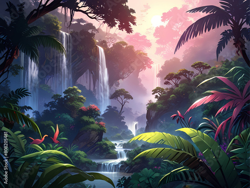 tropical island with water fall and palrms photo
