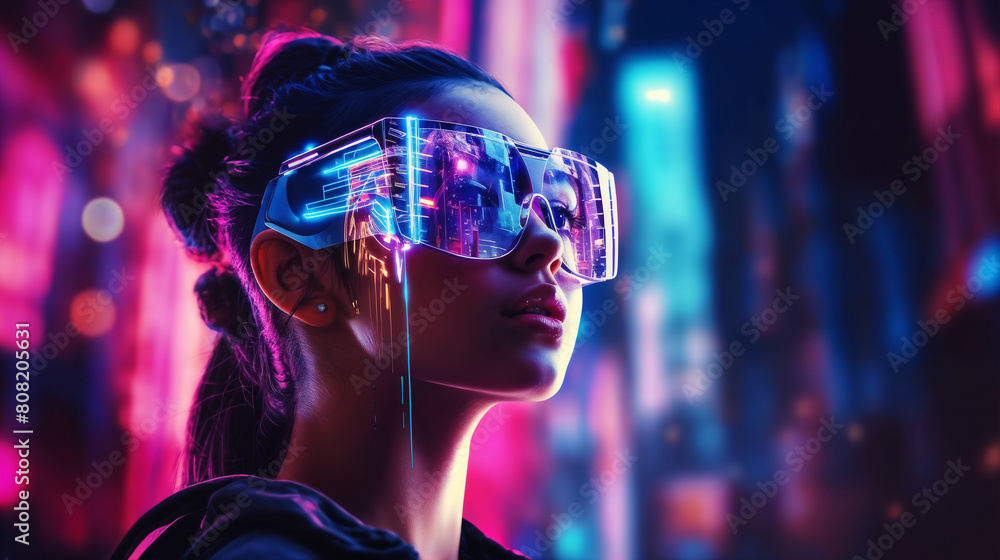 portrait of a girl with virtual reality glasses against the background of the night streets of a modern city, with neon lights and glow portrait of a girl with virtual reality glasses against the background of the night streets of a modern city, with neon lights and glow