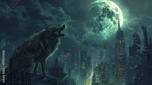A lone wolf howls at the moon, with a city in the background. photo