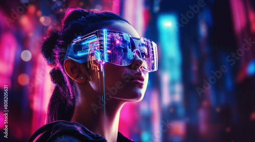 portrait of a girl with virtual reality glasses against the background of the night streets of a modern city, with neon lights and glow