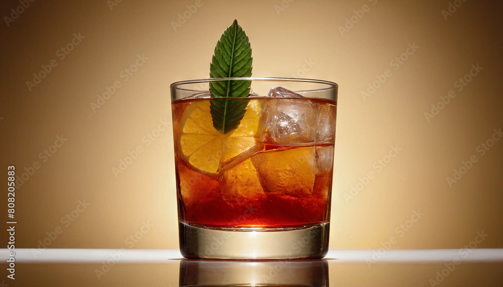 Glass filled with a drink, topped with a green leaf. Glass filled with a drink, topped with a green leaf.