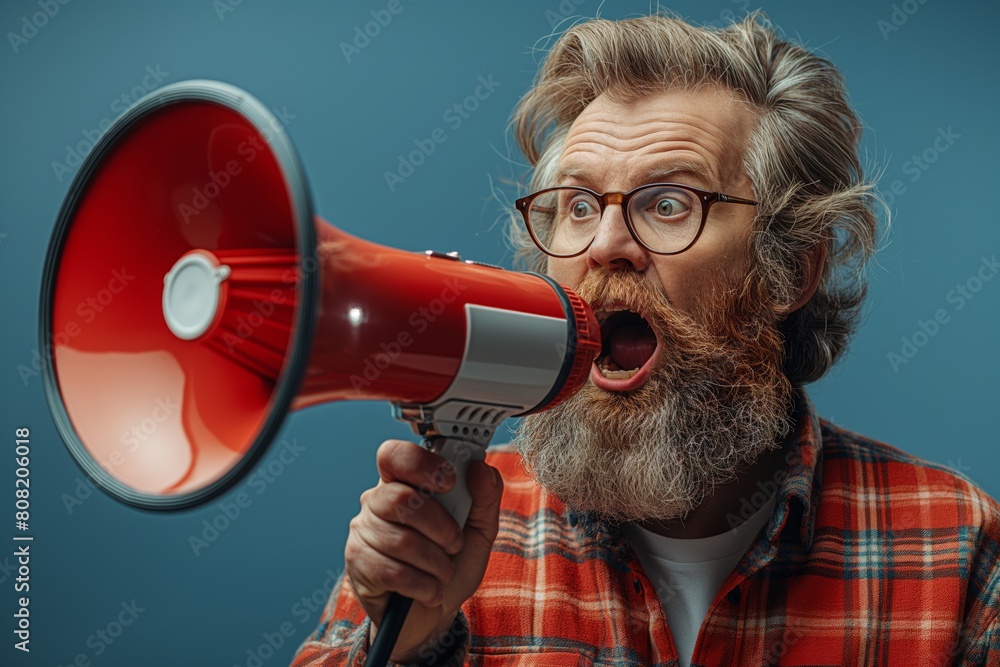 Fototapeta premium Bearded man yelling into a red megaphone