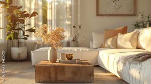 Detailed 3D illustration of a cozy Scandinavian living room with a cubic wooden coffee table and comfortable white sofa  under the glow of golden hour light.