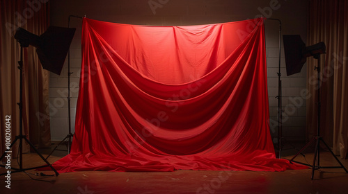 Red draped fabric on a stage with studio lights, a theatrical setting photo