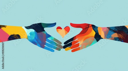 Two hands reaching out to each other, representing diversity and the other hand with a heart symbolizing compassion and acceptance photo