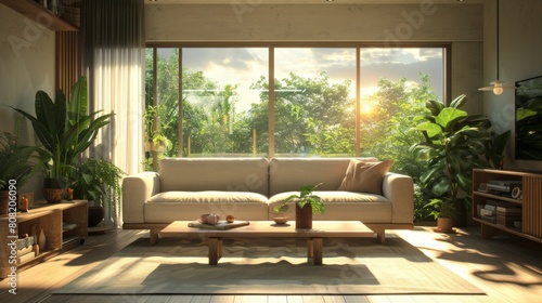 Detailed 3D illustration of a Japandi living room combining Scandinavian comfort with Japanese elegance, bathed in the gentle light of a cloudy day.