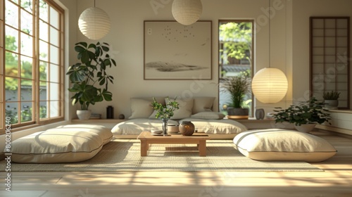 Detailed 3D illustration of a Japandi living room with subtle earth tones  simple lines  and a focus on functional beauty under bright  clean light.