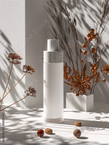 white skincare bottle with shadows of plants on a neutral background. photo