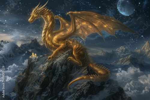 Fairytale, golden dragon in a magical night forest