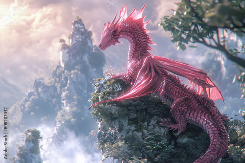 Fairy-tale pink dragon sitting on a rock in a magical night forest