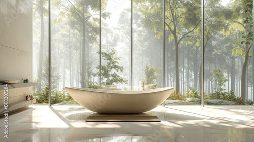 Detailed 3D illustration of a minimalist bathroom with an elegant freestanding tub, low-profile fixtures, and a sweeping view of a forest through clean, bright windows. © G.Go