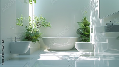 Detailed 3D illustration of a minimalist bathroom with all-white fixtures and fittings  accented by a single piece of greenery and illuminated by clean  bright light.