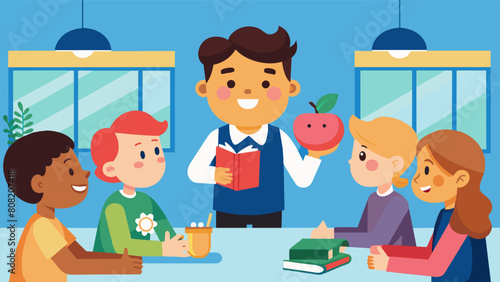 A student excitedly sharing their newly acquired knowledge on saving and investing with their friends in the school cafeteria.. Vector illustration photo