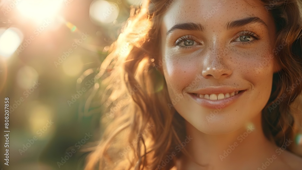 A woman with a gentle smile in sunlight: Closeup portrait. Concept Outdoor Photoshoot, Natural Lighting, Portrait Photography, Close-Up Shot, Gentle Smile A woman with a gentle smile in sunlight: Closeup portrait. Concept Outdoor Photoshoot, Natural Lighting, Portrait Photography, Close-Up Shot, Gentle Smile