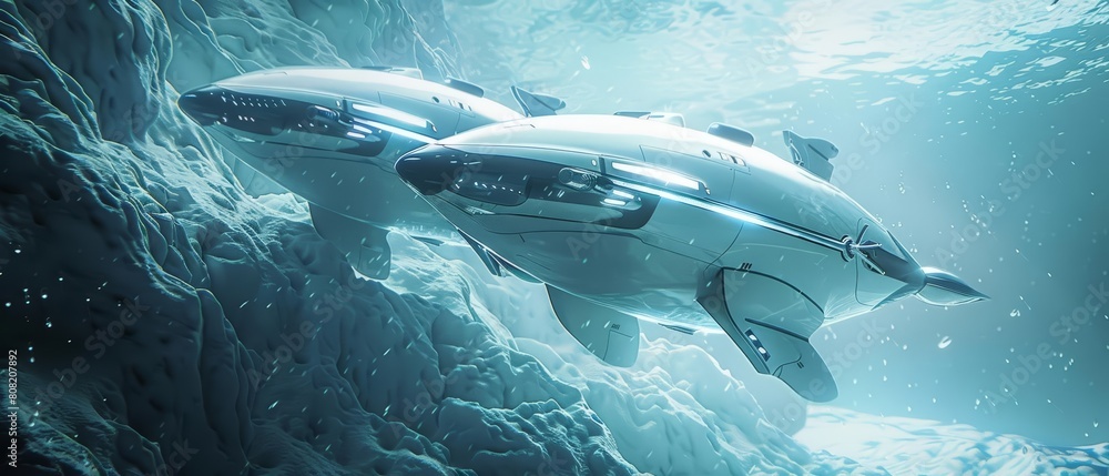 Fototapeta premium Futuristic concept of aqua animals designed as biohybrid submarines, illustrated in a hitech style, enhanced with a sharpen Cinematic with copy space