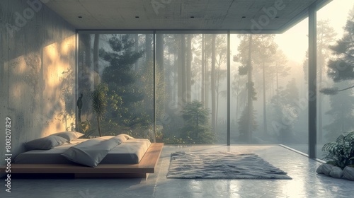 Detailed 3D illustration of a minimalist bedroom with clean architectural lines and a commanding view of a misty forest through large, unadorned windows. photo