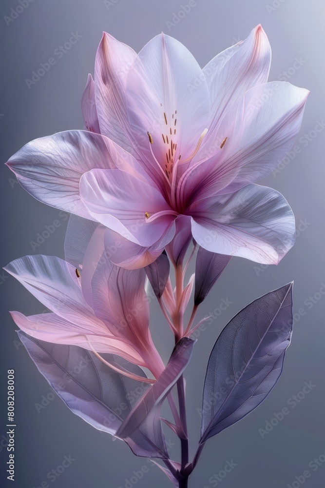 Pink Flower With Leaves on Gray Background