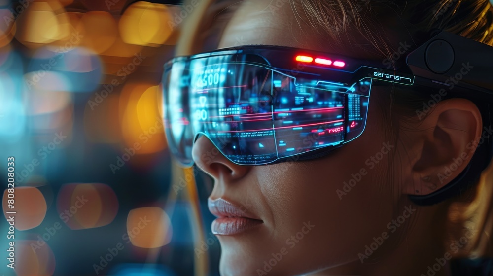 Woman Wearing Glasses With Blue Lights Woman Wearing Glasses With Blue Lights