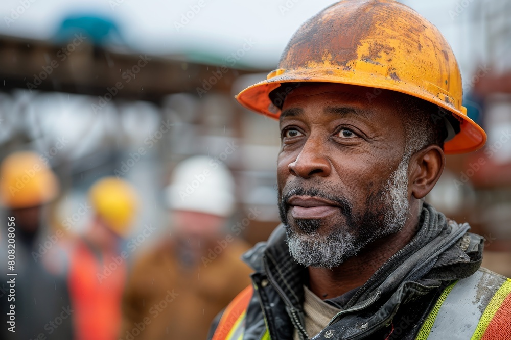 Cheerful African American construction worker with hopeful expression, wearing a hard hat and safety gear Cheerful African American construction worker with hopeful expression, wearing a hard hat and safety gear