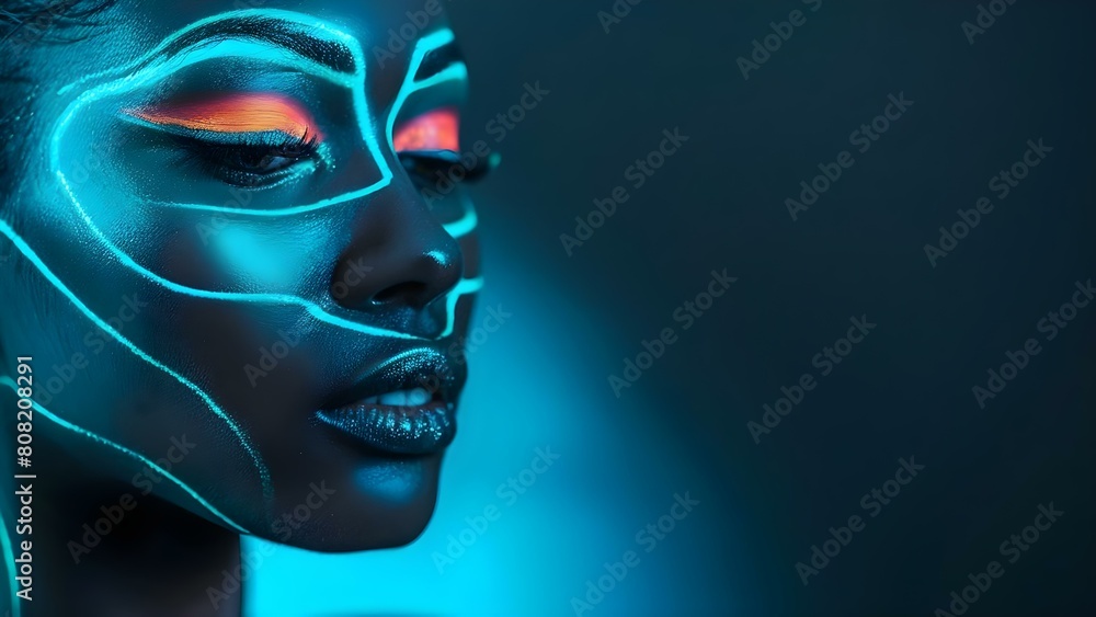 Neon Makeup Accentuates the Artistic Portrait of a Fashion Model. Concept Fashion Photography, Artistic Makeup, Neon Colors, Portrait Poses, Fashion Model Neon Makeup Accentuates the Artistic Portrait of a Fashion Model. Concept Fashion Photography, Artistic Makeup, Neon Colors, Portrait Poses, Fashion Model