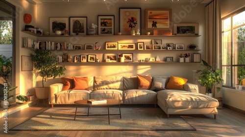 Detailed 3D illustration of a minimalist living room in a nostalgic mood, the glow of the sunset illuminating family photos on minimalist shelves. photo