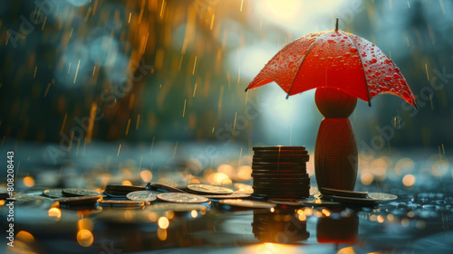 Wallpaper Mural Small wooden figurine along with a red umbrella next to coins Torontodigital.ca