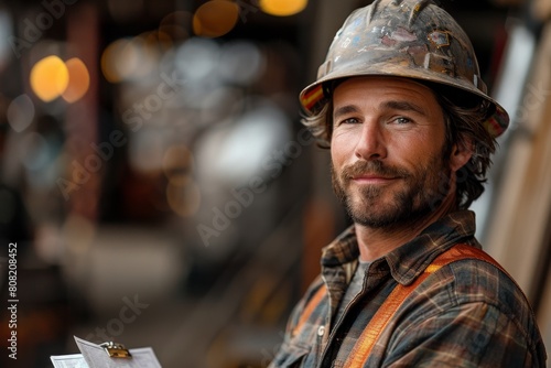 Content male construction worker in a red hard hat holding a clipboard at a job site