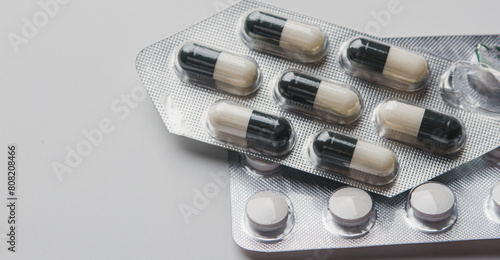 Tablets and pills on a white background