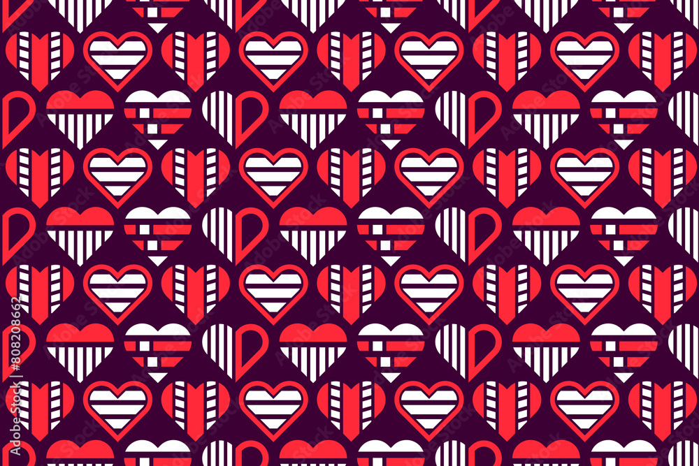 Fototapeta premium Abstract seamless red and white colored decorative, stylized geometric hearts. Endless repeating heart shapes, abstract pattern design.