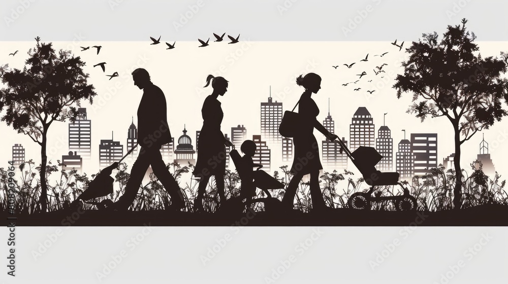 A family consisting of adults and children walking together in the park, with a stroller for the baby A family consisting of adults and children walking together in the park, with a stroller for the baby