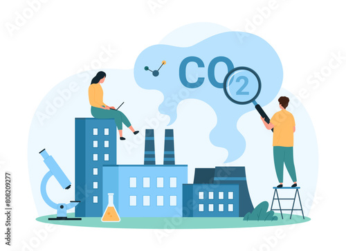 Air pollution with carbon dioxide. Tiny people research greenhouse gas, smog and CO2 emissions from factory chimneys with magnifying glass, study environmental impact cartoon vector illustration