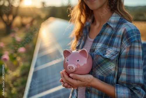 A young woman in a plaid shirt holds a piggy bank symbolizing savings near photovoltaic solar panels at sunset