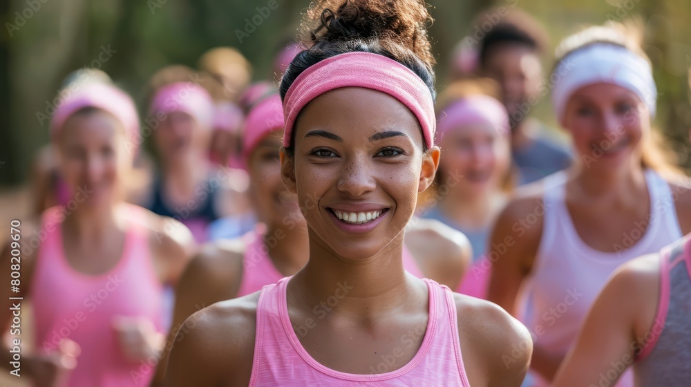 A group of women are running and smiling, wearing pink shirts and headbands. Scene is cheerful and energetic A group of women are running and smiling, wearing pink shirts and headbands. Scene is cheerful and energetic