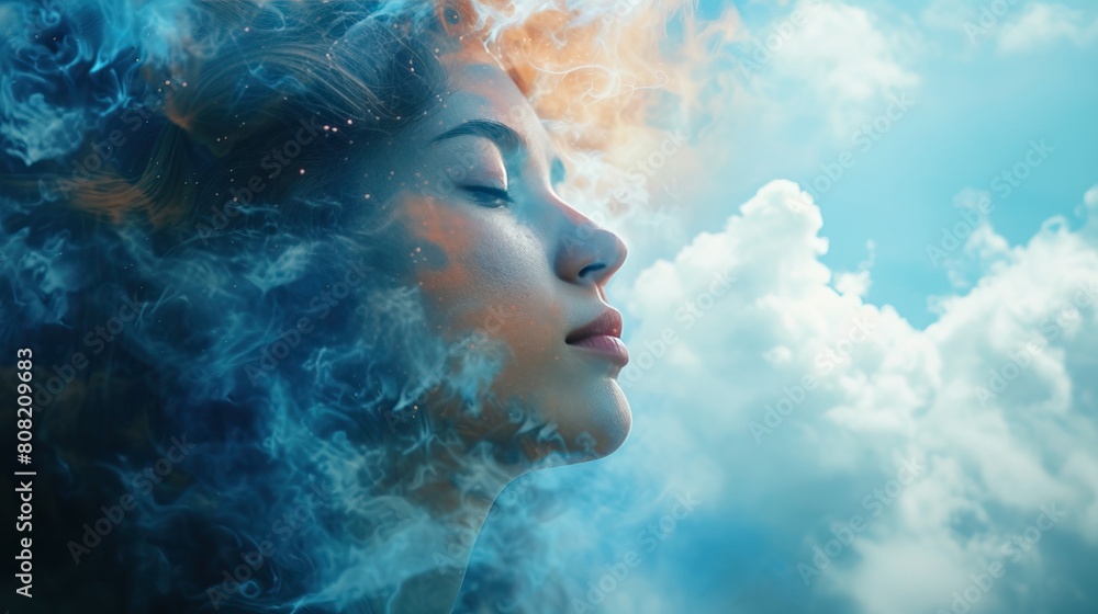 Dreamscape Portrait. Surreal portrait of a woman with her face merging into clouds and colorful smoke, symbolizing dreams and imagination.