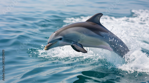 Majestic Dolphin Leaping from Sparkling Ocean Waters under Clear Blue Sky