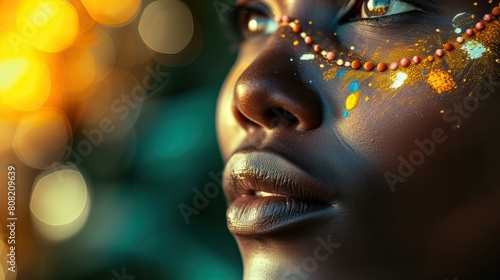 Vibrant Face Paint Portrait. Close-up portrait of a woman with vibrant face paint and beads  against a bokeh light background