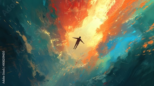 Ascension in Color Burst. A silhouette of a person floating amidst a vibrant explosion of orange, red, and blue colors, creating a dynamic and abstract scene. photo