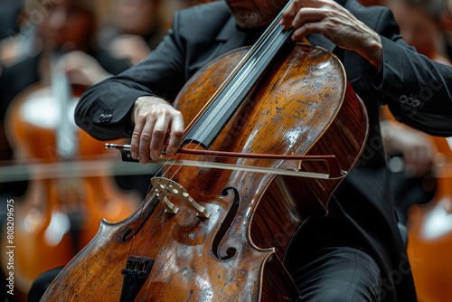 Detailed view of an artist's hands precisely playing the cello among an orchestra, highlighting skill and elegance