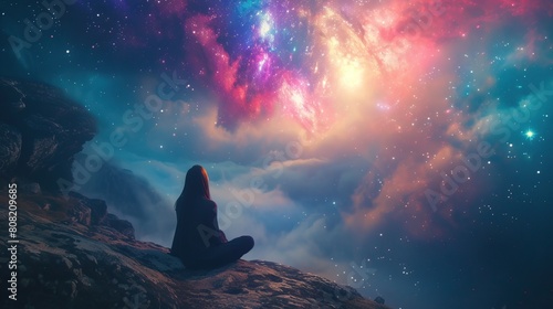 Stargazing on a Cosmic Night. A person sitting on a rocky ledge under a vibrant, colorful night sky filled with stars and nebulae. photo