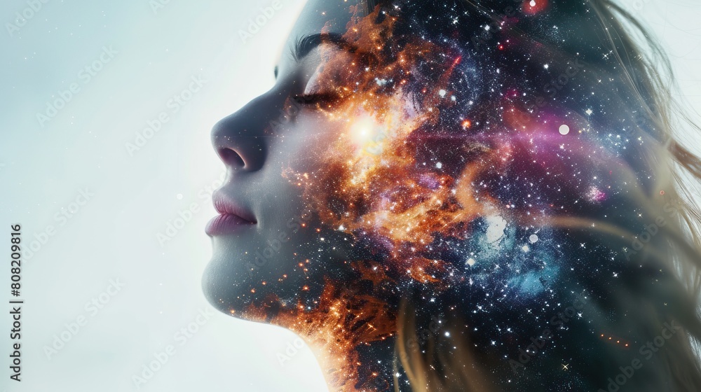 Cosmic Woman: A Universe Within. A creative portrait of a woman with her face merging into a cosmic galaxy, symbolizing a blend of human and universe. Cosmic Woman: A Universe Within. A creative portrait of a woman with her face merging into a cosmic galaxy, symbolizing a blend of human and universe.