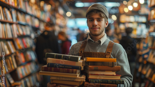 Young man holding books in a bookstore