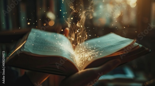 Enchanted Book Unleashing Magic. Magical sparks flying from an open book held by hands, suggesting an enchanting story or powerful knowledge. photo