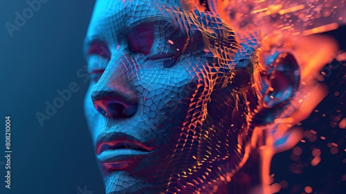 Digital Emotion. Digital artwork of a human face with a blue and orange textured design, symbolizing technology and emotion.